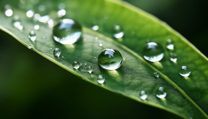 Extreme close-up of a dewdrop resting on a delicate green leaf, reflecting the surrounding natural world in its shiny surface.