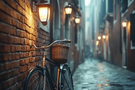 Romantic Vintage Bicycle in a Charming Old European City at Night - Powered by Adobe
