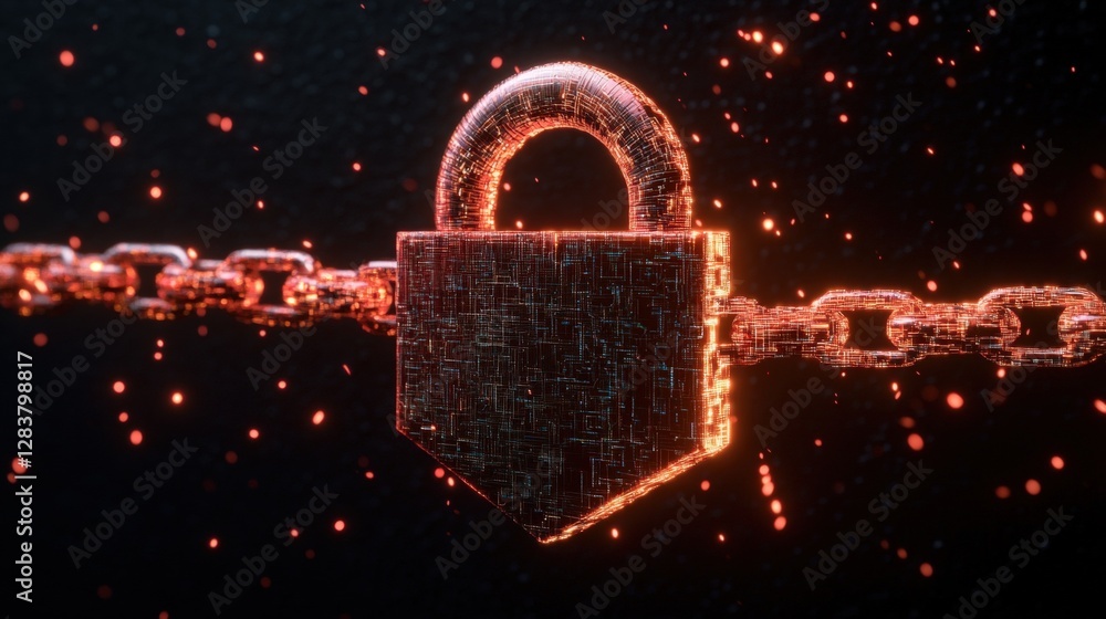 Poster lock with glowing lights representing cybersecurity and data protection in digital network environme