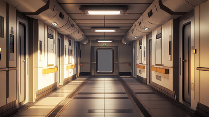 Naklejka premium White empty corridor, 3d hospital or clinic hall with doors by sides and large doorway in the end. Modern ward, medical facility, Realistic vector light room with lamps on ceiling perspective view