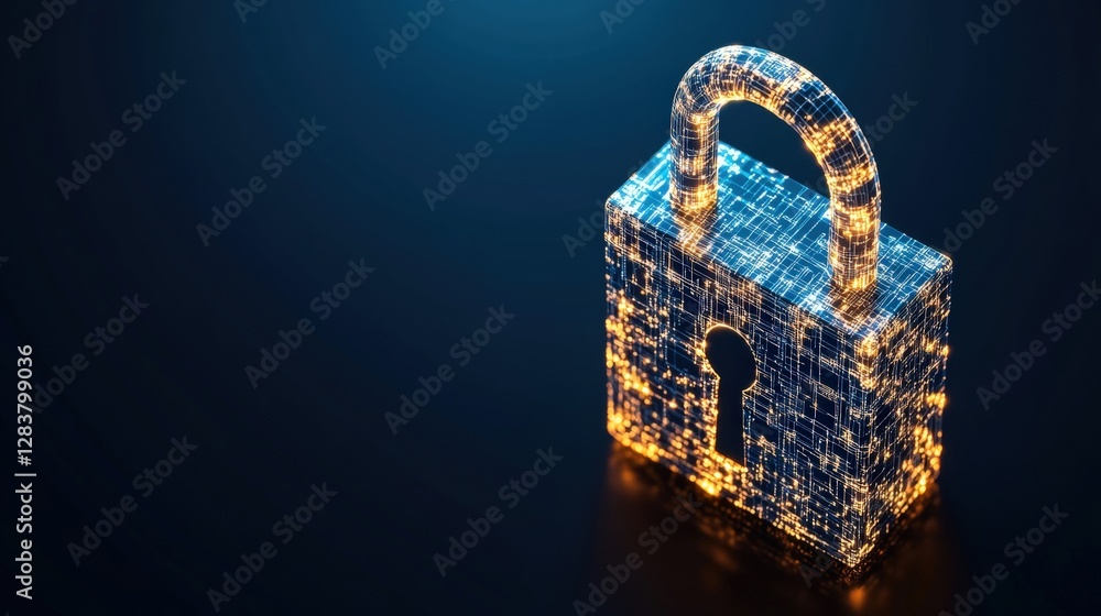 Poster glowing lock on dark background representing cybersecurity and data protection concepts in digital e