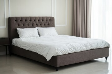 Cozy Bed and Nightstand Setup with Blank Frame Against a Soft Light Wall in Stylish Apartment