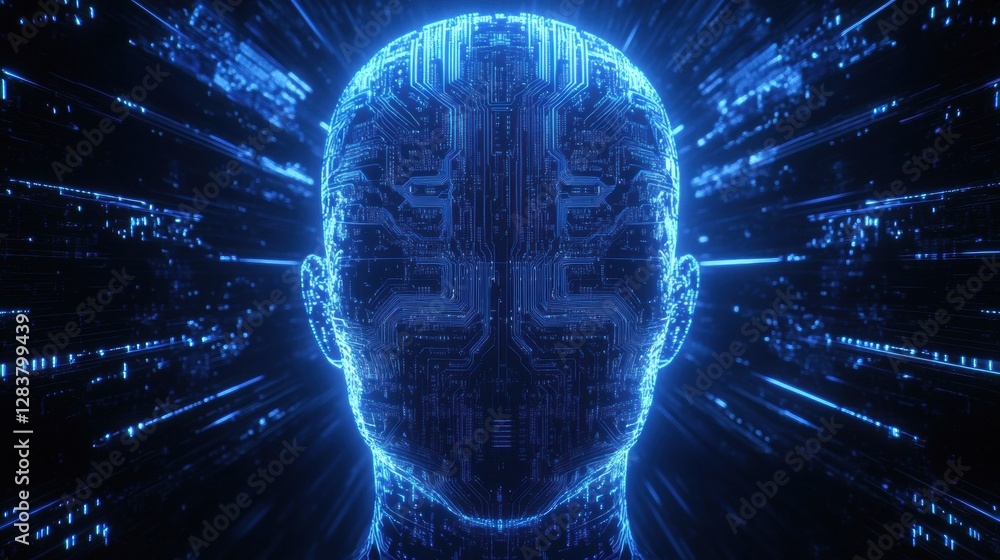 Aufkleber futuristic human head silhouette with glowing circuits and neon elements, highlighting advanced ai c