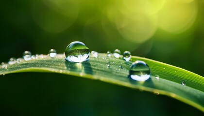 Extreme close-up of a dewdrop resting on a delicate green leaf, reflecting the surrounding natural world in its shiny surface.