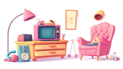 Cartoon set of teen girl bedroom furniture, interior design elements isolated on white background. Vector illustration of pink armchair, drawer, lamp, retro tv, tape recorder, telephone, kawaii toys