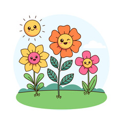 Cute kawaii flower lawn, garden. Simple flowers in a cartoon comic style, kids, children illustration.
