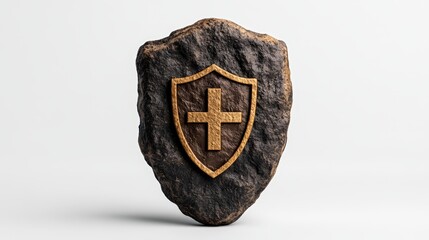 Stone with cross and cybersecurity shield protection digital network conceptual illustration
