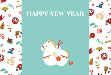 New Year's card for the year 2026. Illustration of a horse clay bell.
