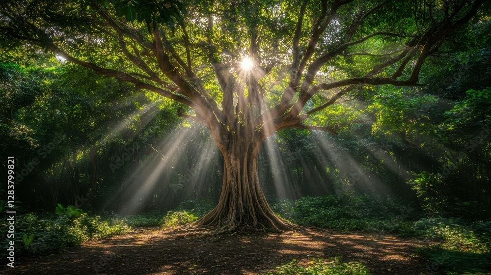 Poster sunlight filtering through majestic tree in lush forest setting