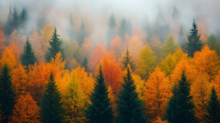Fog rolling over colorful autumn forest landscape