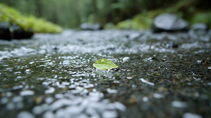 Fototapeta premium Rain, leaf, stream, forest, nature; calm background, website banner