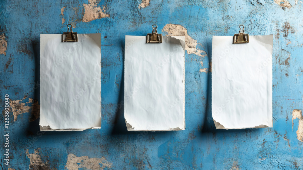 Poster folded blank posters hang with binder clips, white paper sheets with crossing creases and holders. v