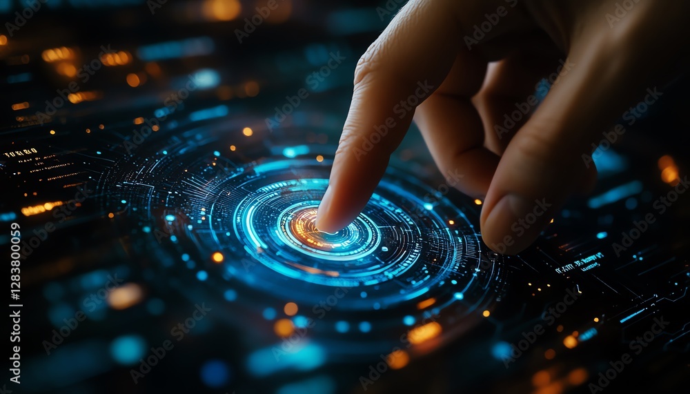 Poster closeup of a hand pressing a virtual button, representing seamless customer service experience, tech
