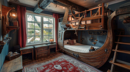 Naklejka premium Kids in bedroom in pirate thematic with ship bed