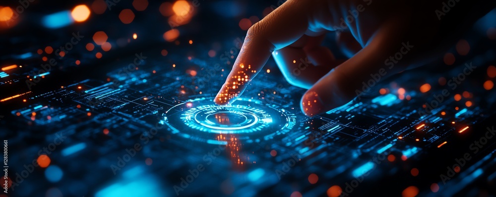 Poster hand pressing a button on a touchscreen, glowing with the concept of technical support enhancing cus