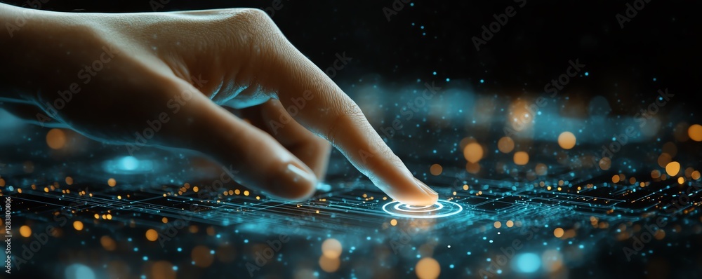 Poster hand pressing a button on a touchscreen, glowing with the concept of technical support enhancing cus