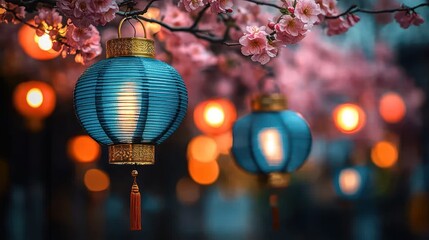 Obraz premium Teal lanterns hung among cherry blossoms