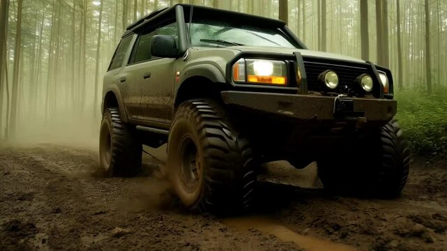 Rugged offroad vehicle splashing mud while navigating challenging forest path, showcasing automotive power and adventure through wilderness landscape