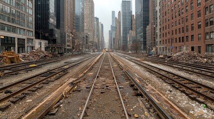 Fototapeta premium Empty city street railway tracks. Urban construction. Possible stock photo use