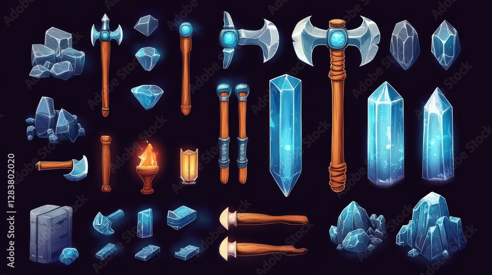 Aufkleber game ui interface boards with level score and menu buttons with purple crystal texture. vector carto