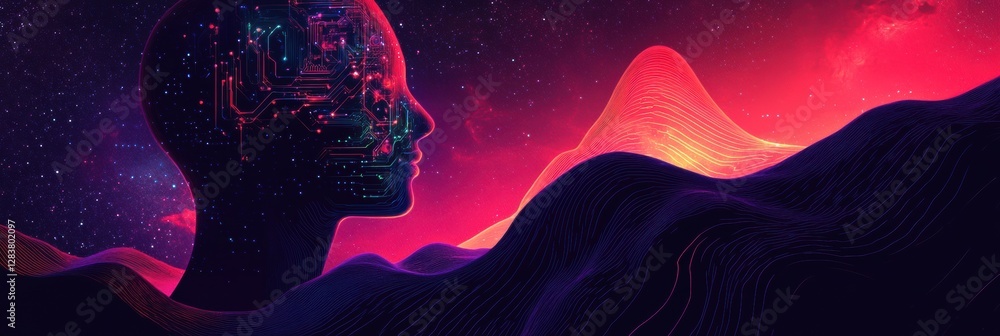 Poster human silhouette illuminated with quantum circuits against a cosmic landscape of glowing mountains a