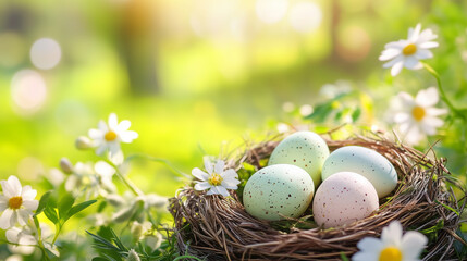 Obraz premium Pastel Easter eggs nestled among spring flowers, radiating warmth and renewal in a serene meadow setting.