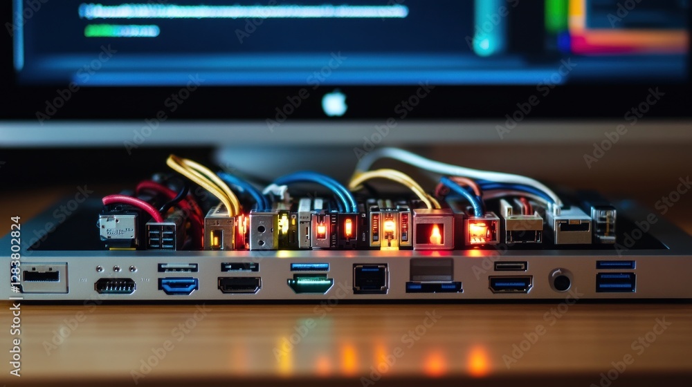 Poster illuminated computer components: a close-up view of a tech device's back panel, featuring various po