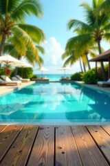 Obraz premium Empty swimming pool in tropical resort with blurred wooden table and summer scene, summer, water