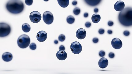 Blueberries and water droplets floating in the air, white background, studio photography, close-up, sharp focus, high resolution