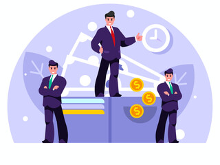 Businessmen stands with arms crossed on chest. Standing confident men in a suit and tie. Standing businessman with thumb up dressed in a business suit. Background with big wallet