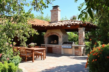 Charming Outdoor Living Space Featuring a Cozy Fireplace and BBQ Area Surrounded by Blooming Flowers and Brick Pathways
