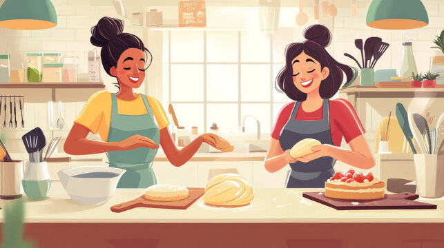 Online cooking classes - cartoon vector illustration set of two young women prepare pastries and record them on video for food blog. Girls demonstrate tutorial of making dough and baking cake.