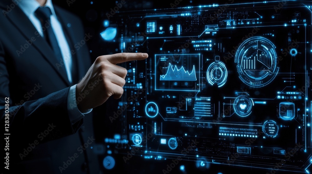 Poster business professional engaging with futuristic technology interface displaying data analytics and gr