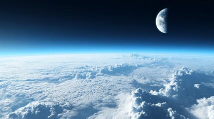 Obraz premium A breathtaking bird's eye perspective captures a soft sea of clouds sprawled across the horizon, while the moon hangs gracefully above against a backdrop of deep blue