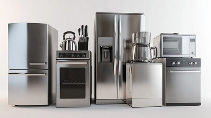 A collection of stainless steel home appliances against a white background 