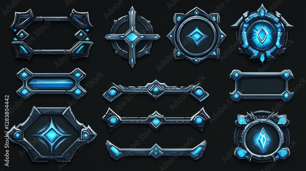 Poster silver game frames, medieval ui borders. round, hexagon and rhombus textured gui elements with ornat