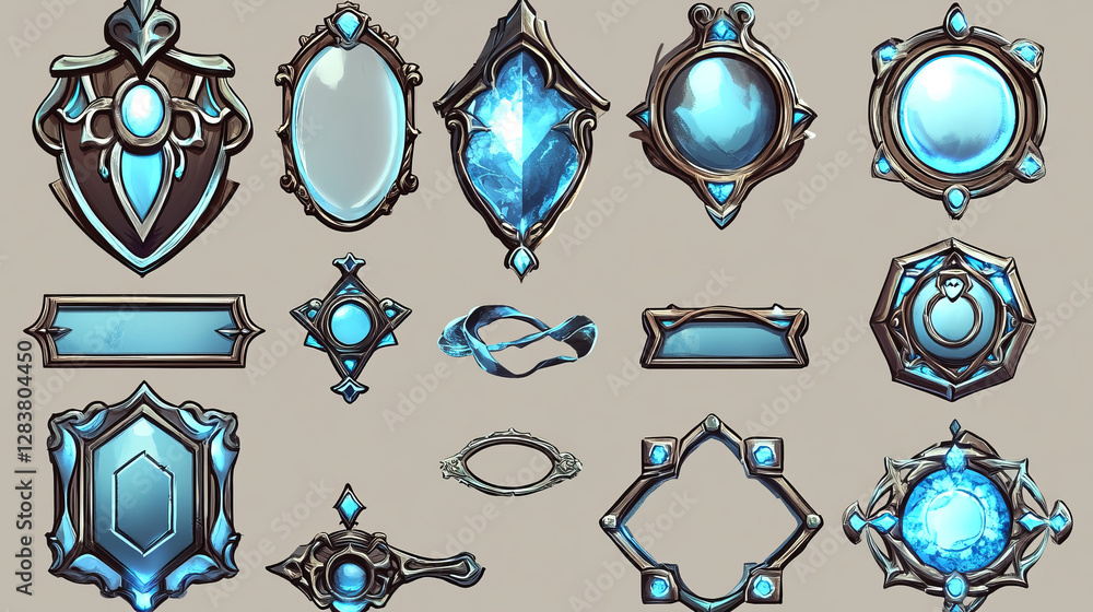 Poster silver game frames, medieval ui borders. round, hexagon and rhombus textured gui elements with ornat