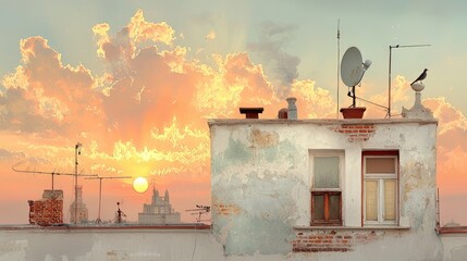 Sunrise over city rooftops, old building detail, peaceful dawn