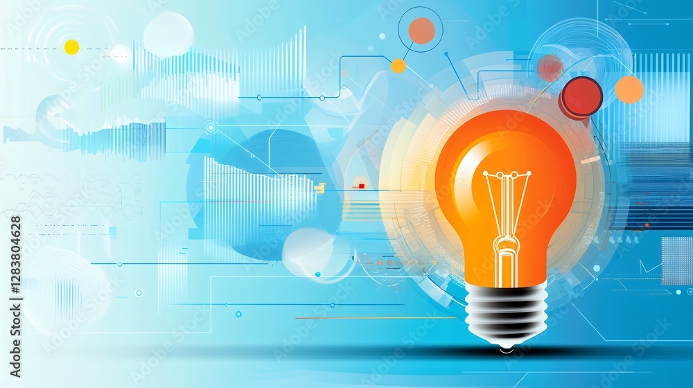 Poster bright orange light bulb with filament on abstract technology background with data