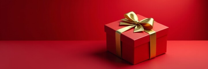 Fototapeta premium Elegant red gift box with gold ribbon bow on a luxurious red background , Luxury Gift Box, Birthday