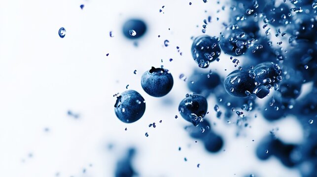 Blueberries and water droplets floating in the air, white background, studio photography, close-up, sharp focus, high resolution