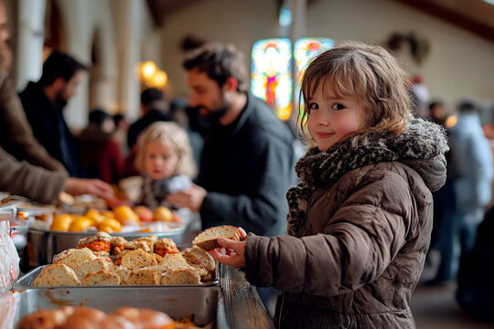 Food bank, community support, child receiving meal in church, charity event, helping people in need.