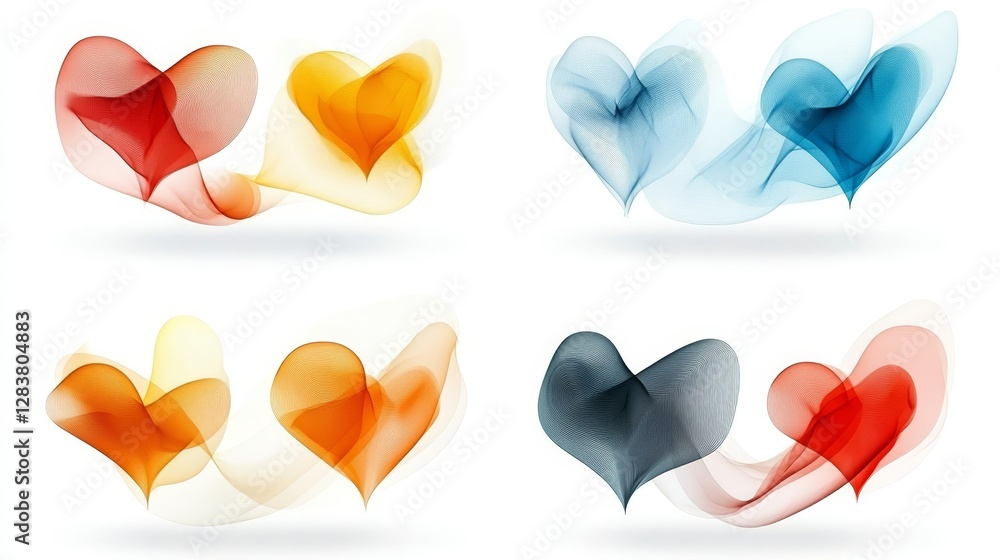 Poster colorful abstract hearts with waves in four different styles