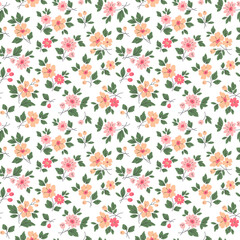 Beautiful floral pattern in small flowers.
Small pink and coral rose flowers.
White background. Ditsy print. Floral
seamless background. Elegant template
for fashion prints. Stock pattern.