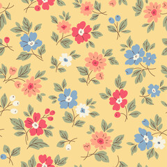 Vector seamless pattern. Cute pattern in
small flowers. Small white, blue, red and
coral flowers. Yellow background. Ditsy
floral background. Vintage template for
fashion prints. Stock vector.

