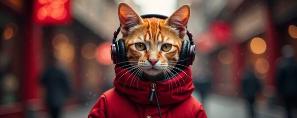 Feline in crimson attire with earphones, lost in sound, calmness, paws
