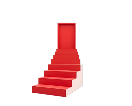 Red staircase leading to an open doorway isolated on black background representing opportunity and success - Powered by Adobe