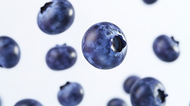 Blueberries and water droplets floating in the air, white background, studio photography, close-up, sharp focus, high resolution