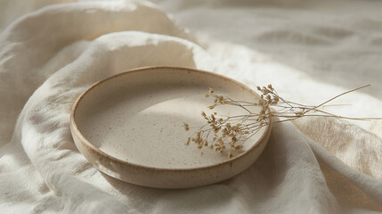 Minimalist plate with dried flora on a draped cloth, bathed in soft light for a serene, natural aesthetic.