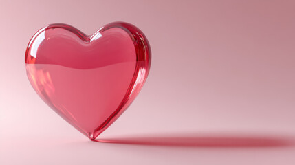 3d glass heart floating in air with shadow on pink background. Realistic vector illustration of red transparent acrylic glossy romantic element for Valentine day card. Balloon shape love symbol.
